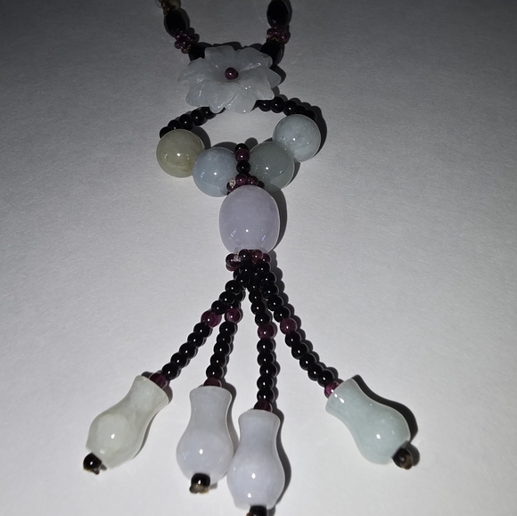 Carved Jadeite Jade  Flower Necklace Silk Rope Lots of Other Details Jade - Picture 5 of 16